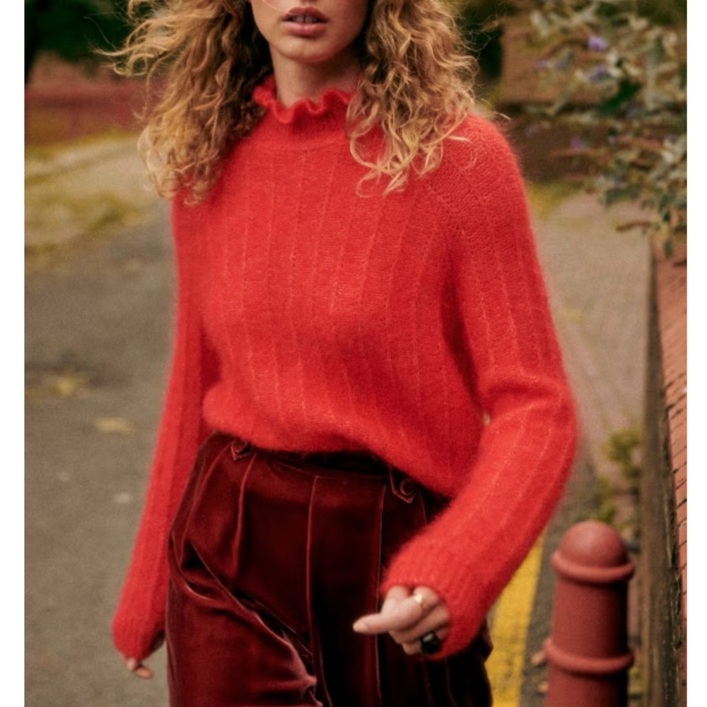 SEZANE Bright Red Mohair Merino Wool Knit Ruffle High Neck Sweater Loris Jumper